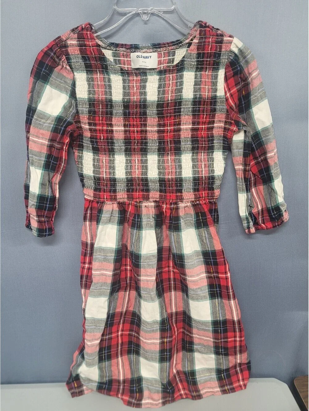 Old Navy Girl’s Red White Black Green Plaid Smocked Long Sleeve Dress 14/16